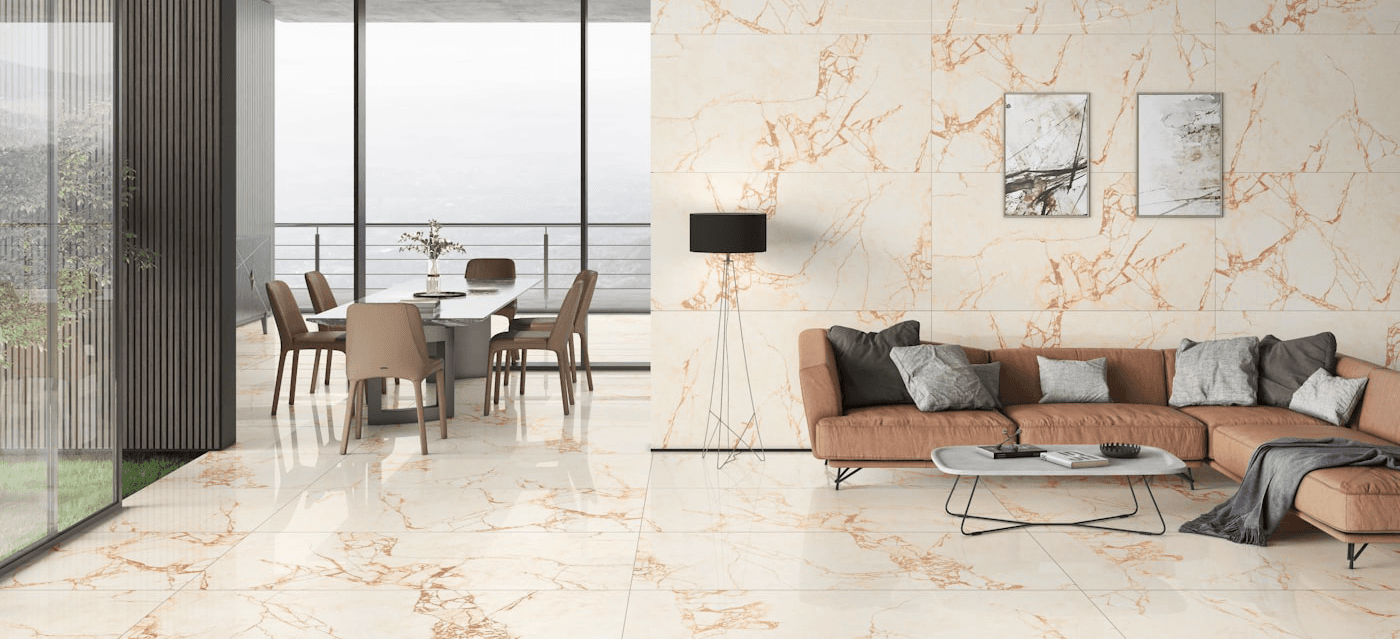 A contemporary living room finished with Great Wall Ceramics surfaces